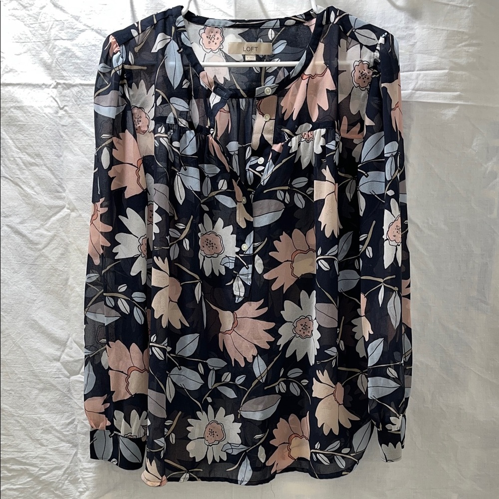 LOFT Navy Floral Sheer Blouse